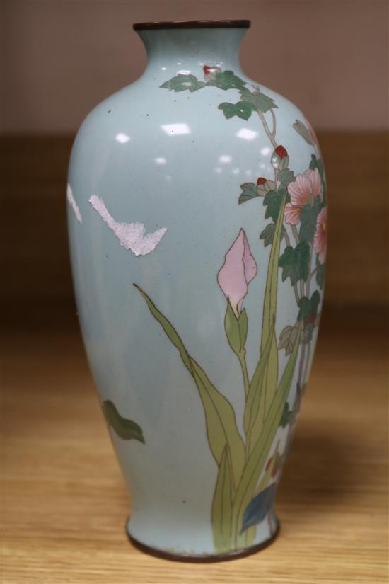 A Chinese blue and white cylindrical vase, a cloisonne turquoise-ground vase and three decorative glass panels (5)